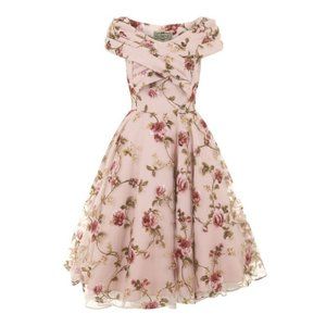 Collectif Dorothy Tulle Rose Floral Swing Dress - UK 8 / US 4